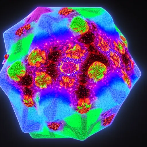 Image similar to a hyperrealistic 3D render of a dodecahedron made entirely of tie dyed Mandelbrot fractals, 8k, 4K, glowing, neon, octane render, photorealistic