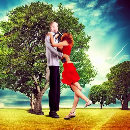 Prompt: a giantess man with a giant woman dancing together, enormous, big, photoshop, photo manipulation, trees, houses, street, romantic image