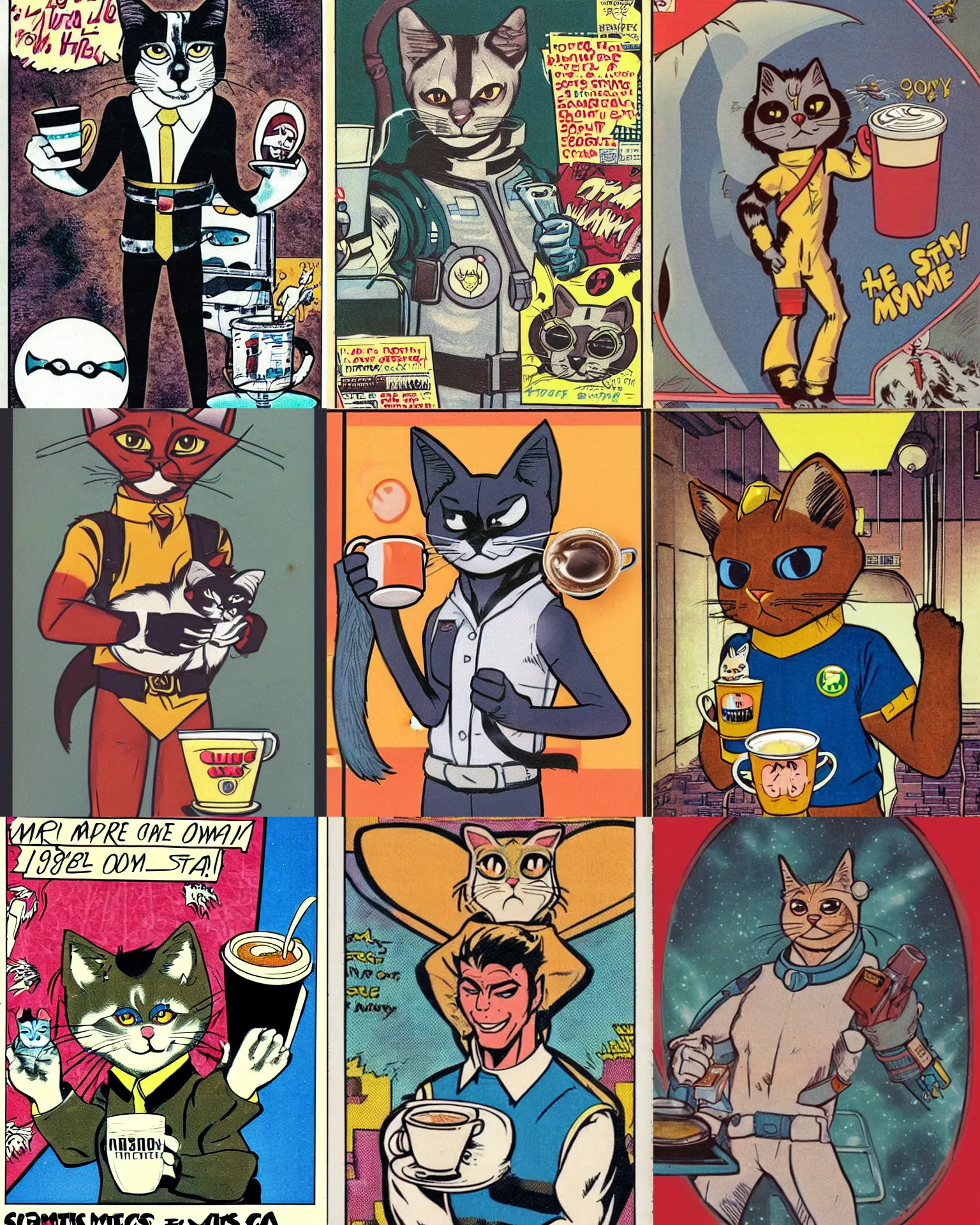 Prompt: 1 9 8 0 s comic book art scan featuring a portrait of a heroic male anthropomorphic siamese cat furry fursona wearing a space mercenary uniform holding a latte, handsome eyes