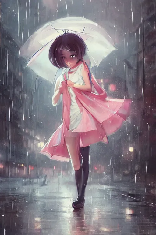 Prompt: cute girl in the rain under an umbrella, by wlop, concept art, poster, sailor moon artstyle