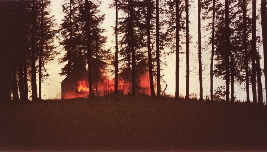 Image similar to 1 9 7 0 s movie still by andrei tarkovsky of a heavy burning french style little house in a small northern french village by night in autumn, pines forest, cinestill 8 0 0 t 3 5 mm, heavy grain, high quality, high detail, dramatic light, anamorphic, flares, by mini - dv camera