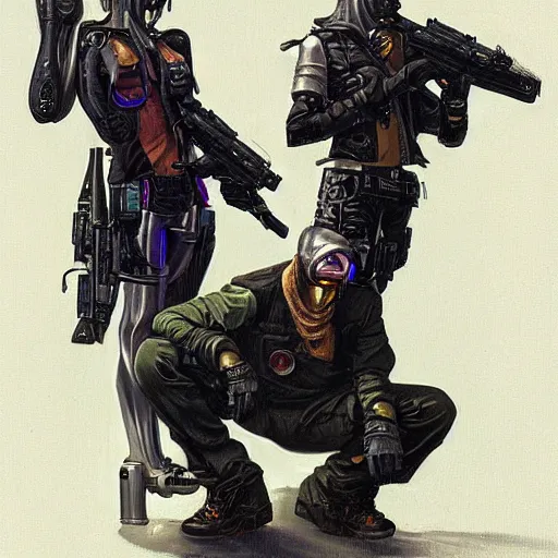 Image similar to portrait of three cyberpunk hired guns, by gerald brom