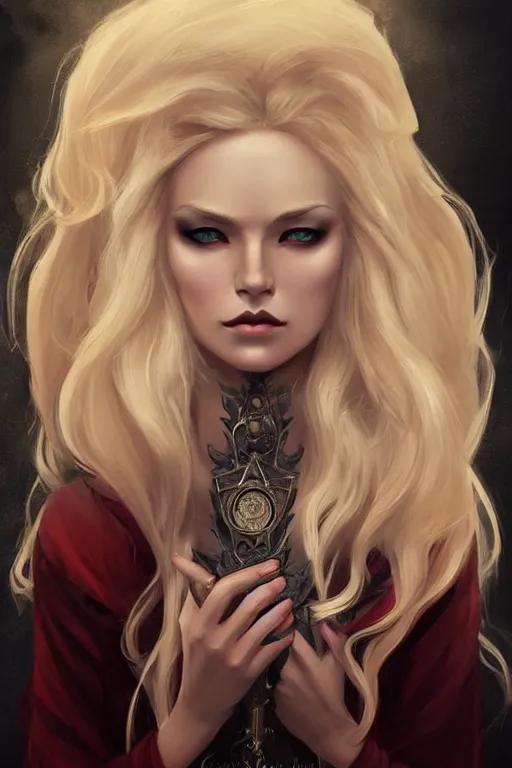 Prompt: beautiful wicked female occultist, sweeping ombre blonde hair, red eyes, portrait, high cheekbones, Victorian, black velvet dress, dark colors, magic Amulet, fantasy painting, trending in Artstation, GSociety, by Charlie Bowater, Brom, Bastien Lecouffe-Deharme