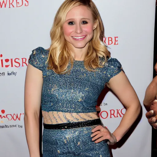 Image similar to photograph of me grabbing kristen bell's fat chubby belly, her belly is fat and round, 8 k, sharp, detailed