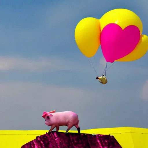 Image similar to a yellow pig flying while wearing a pink skirt