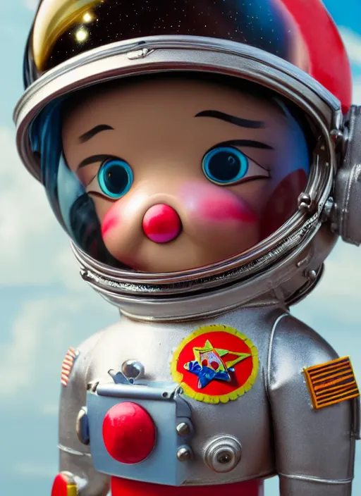 Prompt: highly detailed closeup, profile portrait of a tin toy spacegirl astronaut, bikini, unreal engine, nicoletta ceccoli, mark ryden, earl norem, lostfish, global illumination, detailed and intricate environment