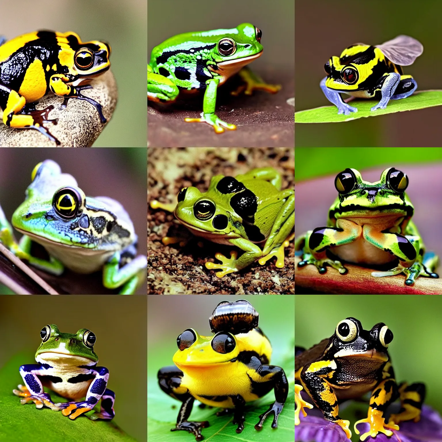 Prompt: a frog bumblebee, a hybrid animal that is half - frog half - bumblebee, cute animal photography