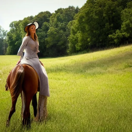 Prompt: photo of a beautiful woman in a long dress, wearing a hat and riding a horse in a grass field