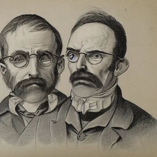 Image similar to Victorian caricature drawing of professor of chemistry Walter White and factory worker named Jesse Pinkman