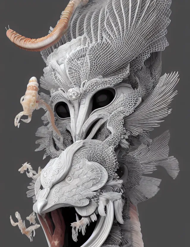 Image similar to 3 d goddess close - up frontal portrait with ram skull. beautiful intricately detailed japanese crow kitsune mask and clasical japanese kimono. betta fish, jellyfish phoenix, bio luminescent, plasma, ice, water, wind, creature, artwork by tooth wu and wlop and beeple and greg rutkowski