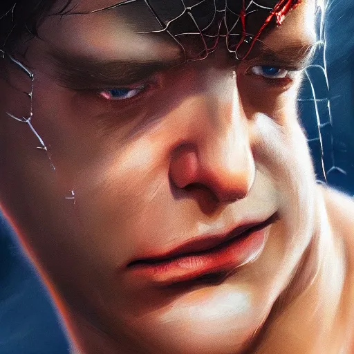 Prompt: spiderman closeup portrait, dramatic light, lake background, 2 0 0 mm focal length, painted by stanley lau, painted by greg rutkowski, painted by stanley artgerm, digital art, trending on artstation