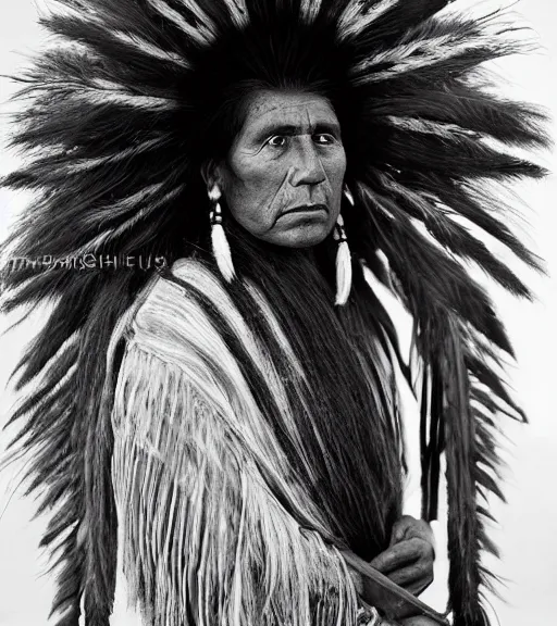 Prompt: Award winning Editorial photo of a Native Iroquois with incredible hair wearing traditional garb by Edward Sherriff Curtis and Lee Jeffries, 85mm ND 5, perfect lighting, gelatin silver process