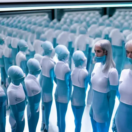 Image similar to troop of identical athletic female clones in formation, white hair, tight light blue neopren suits, in rows, futuristic chemistry lab, sci - fi, highly detailed, cinematic