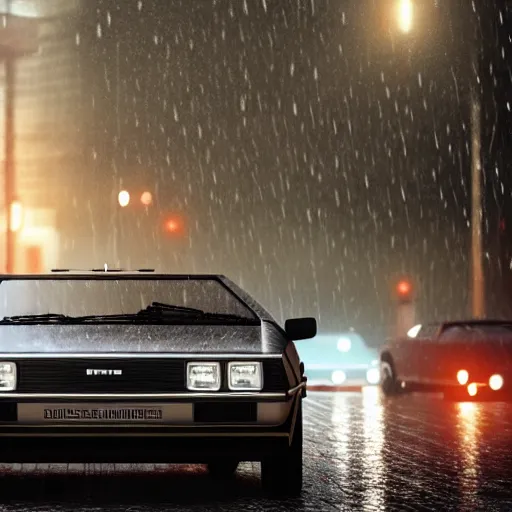 Image similar to hyperdetailed, photorealistic photograph of a dmc 1 2 delorean driving in the streets, rain, night, dense fog, hd, unreal engine 5