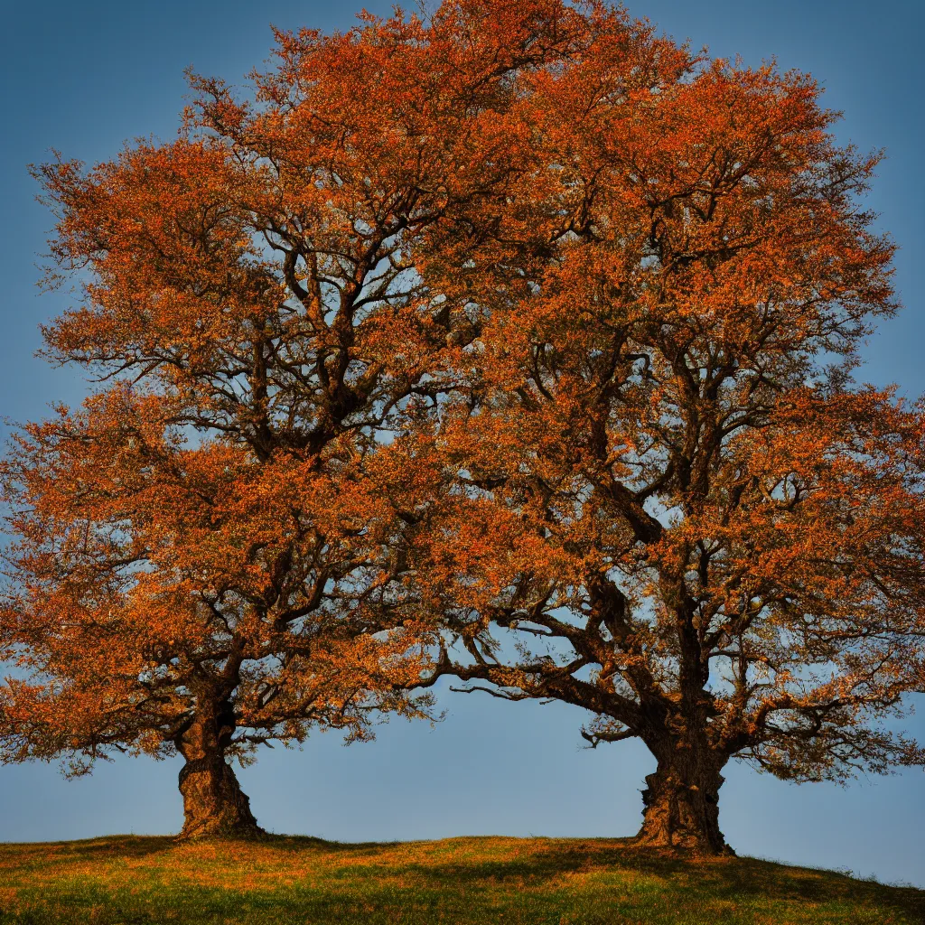 Image similar to single lonely old oak with foliage in winter, spring, summer and autumn colors, the tree is growing on a hillock, cinematic lighting, photo realistic image, 4K, super detailed