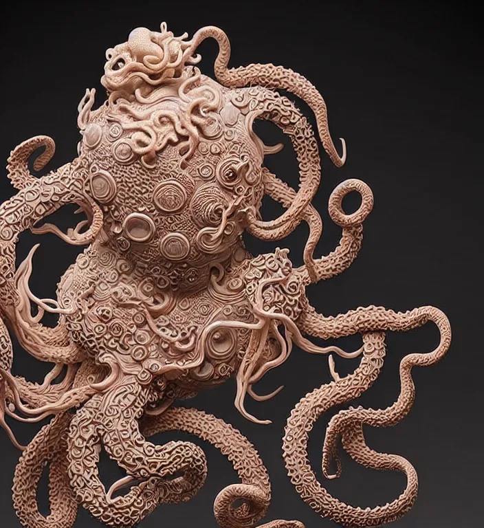 Image similar to Kraken, A Close up photo-real delicate ceramic porcelain sculpture of a symmetrical ornate detailed in front of an intricate background by Victo Ngai and takato yamamoto, micro detail, backlit lighting, face in focus, subsurface scattering, translucent, thin porcelain, octane renderer, colorful, physically based rendering, japanese pottery, trending on cgsociety