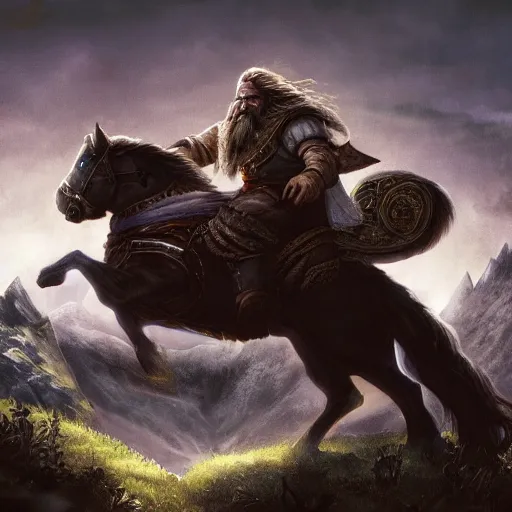 Image similar to A dwarf riding a dark and uncanny horse in the mountains, ambient lighting, highly detailed, mystic, rpg artwork