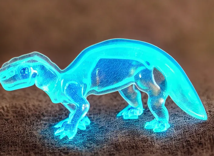 Prompt: photo of a translucent clear chibi style baby dinosaur made out of clear glass, but has blue hypercolor glowing electric energy inside its body, in the forest. fantasy magic style. highly detailed 8 k. intricate. nikon d 8 5 0 3 0 0 mm. award winning photography. design by pixar