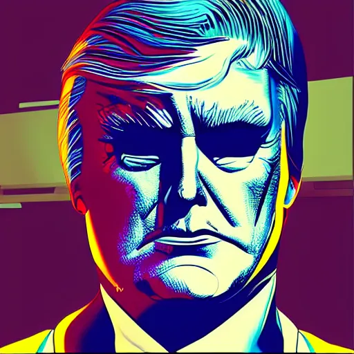 Image similar to cyberpunk donald trump, sharp lines, digital, artstation, colored in