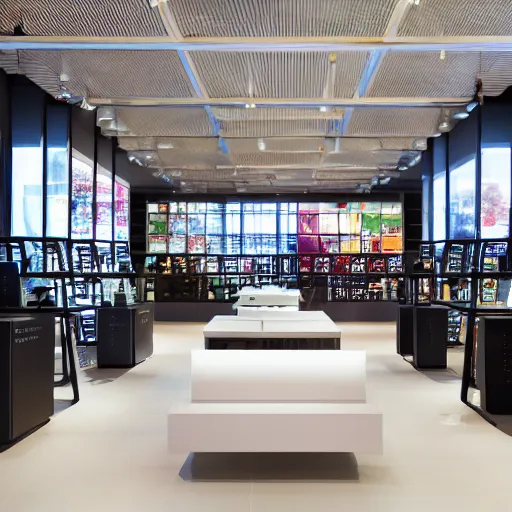 Prompt: photograph of the interior of a Microsoft Samsung flagship store in the style of Wes Anderson, architecture magazine, dezeen, 14mm, pentax, film