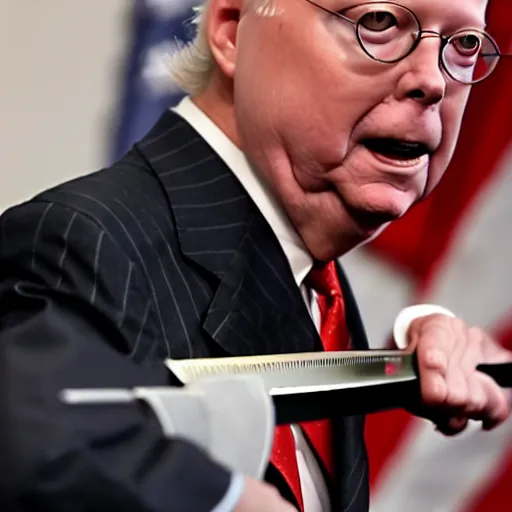 Prompt: mitch mcconnel being cut open by a katana, committing seppeku