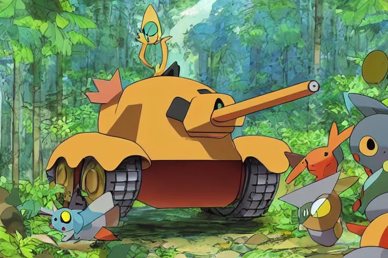 Image similar to colorful pokemon that looks like a military tank, lush jungle scene, post apocalyptic, shot on film, art by studio ghibli