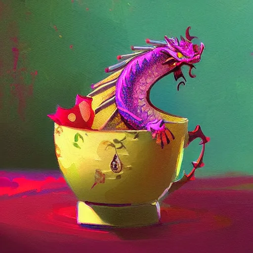 Prompt: tiny jeweled dragon sitting in a teacup, painting by alena aenami