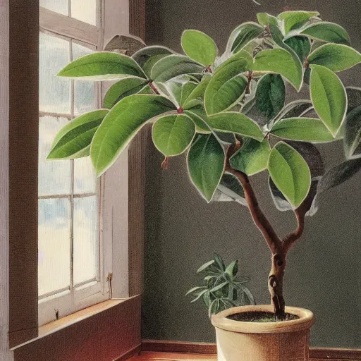 Prompt: a plant of ficus elastica in a bedroom in london in the style of 1 9 th century botanical art