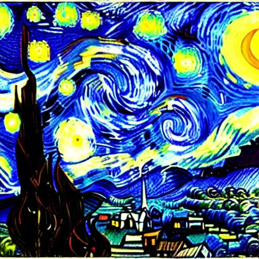 Image similar to van goh a starry night with kittens staring at the moon