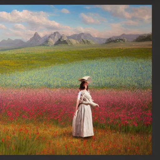 Prompt: a matte painting of the wild west, woman standing in flower field, oil painting, pale colors, high detail, 8 k, wide angle, trending on artstation,