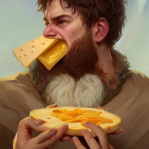 Image similar to a portrait of Viking devouring cheese, highly detailed, digital painting, artstation, concept art, sharp focus, illustration, art by artgerm and greg rutkowski and alphonse mucha