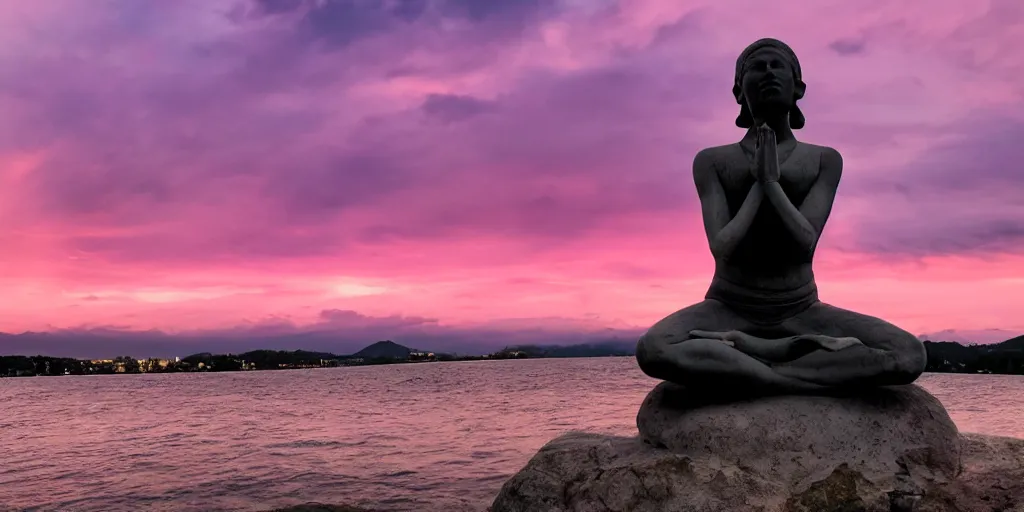 Prompt: a photograph of a single statue thinking deeply in a yoga position and a pink sky in the background, hyper realistic, 8 k, wide angle photo