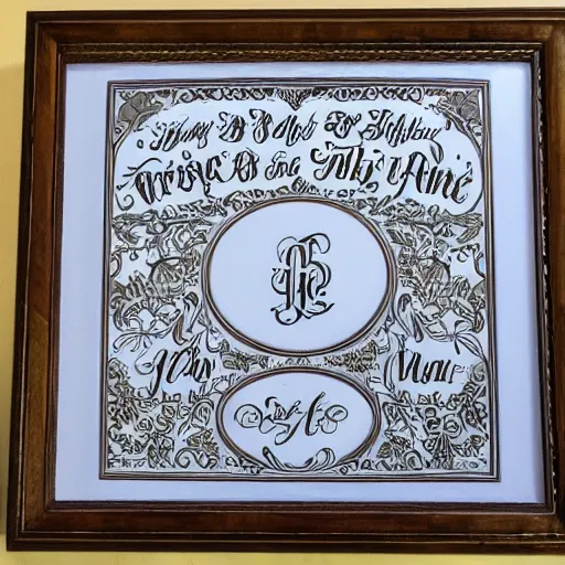 Prompt: frame accomplished, lettering, Vintage, detailed decorative flourishes n 9