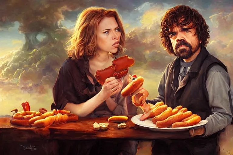 Image similar to portrait of peter dinklage sharing hotdogs with scarlett johansson, an oil painting by ross tran and thomas kincade