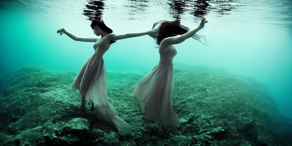 Image similar to deep underwater photography of beautiful model in flat dress by emmanuel lubezki