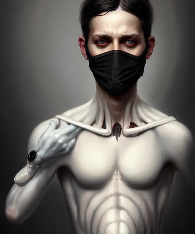 Image similar to white man with black fabric medical mask, short dark hair, highly detailed face!!!, true anatomy!, extremely detailed!, digital painting, unreal engine 5, art by tom bagshaw