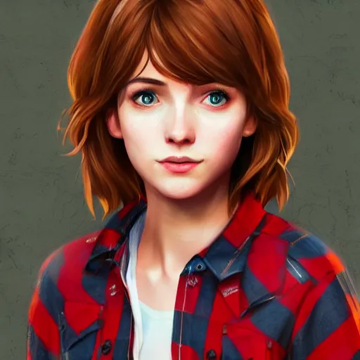 Image similar to a selfie of max caulfield wearing a red plaid flannel shirt, fantasy, intricate, young and cute, highly detailed, digital painting, artstation, concept art, smooth, sharp focus, illustration, unreal engine, life is strange, Edouard Caplain