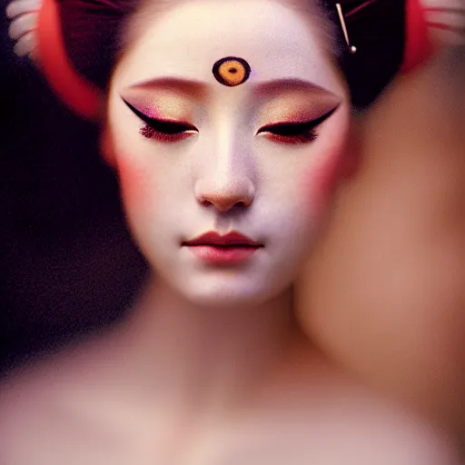 Image similar to photographic portrait of a stunningly beautiful renaissance female with geisha makeup in soft dreamy light at sunset, contemporary fashion shoot, by edward robert hughes, annie leibovitz and steve mccurry, david lazar, jimmy nelsson, breathtaking, 8 k resolution, extremely detailed, beautiful, establishing shot, artistic, hyperrealistic, beautiful face, octane render