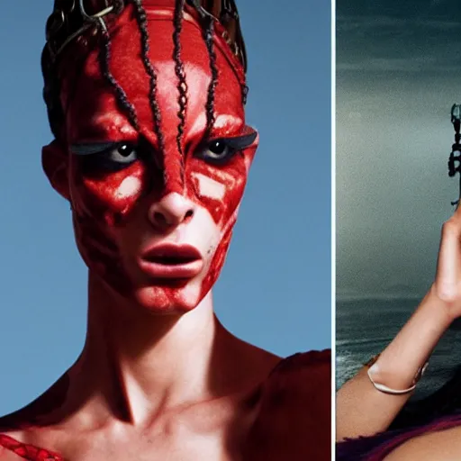 Image similar to dolce & gabbana campaign featuring jar jar binks as a female cowgirl, long eyeslashes, huge juicy lips, big seductive eyes, shot by mario testino, realistic vfx simulation