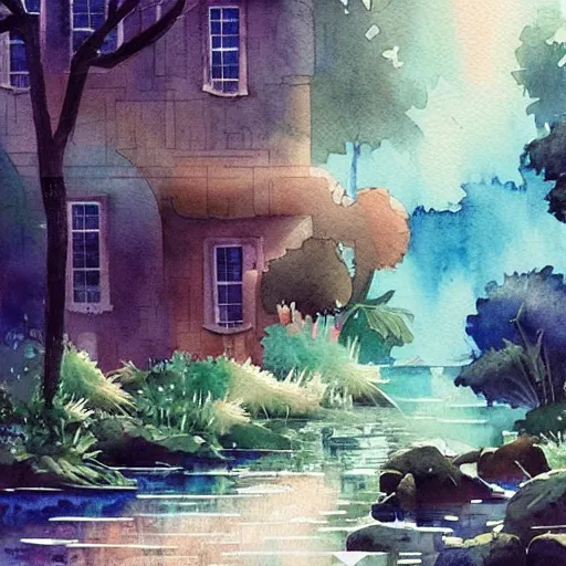 Prompt: Beautiful happy picturesque charming sci-fi town in harmony with nature. Beautiful light. Water and plants. Nice colour scheme, soft warm colour. Beautiful artistic watercolor by Lurid. (2022)