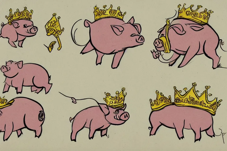 Image similar to concept sketches of a pig wearing a gold crown by Bill Watterson, in the style of 1970s cartoons