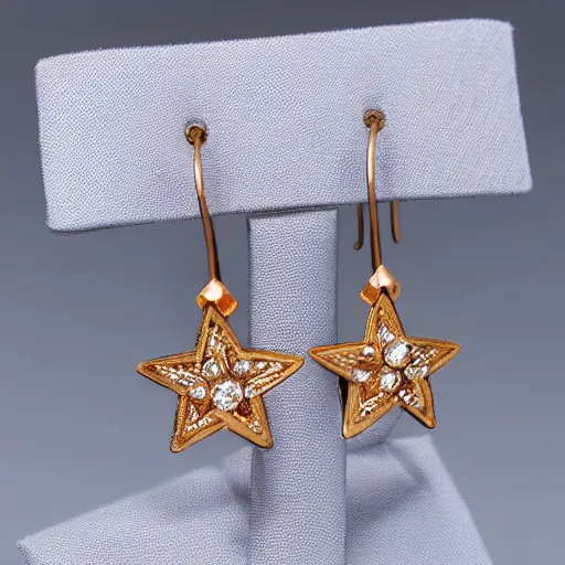 Prompt: bronze star shaped diamond embroidered earrings, hyper realistic