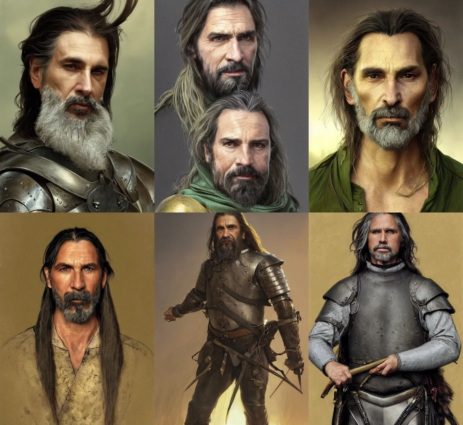 Prompt: medium-length portrait of a male hunter with long dark gray hair in a ponytail, a scraggly goatee, white skin, gray eyes, welcoming expression, intricate gray-green leather armor, golden hour, medieval setting, highly detailed, digital painting, artstation, concept art, sharp focus, illustration, art by greg rutkowski and alphonse mucha