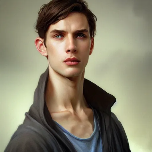 Image similar to ultra realistic illustration, a young man in a white hood, with brown hair, with blue eyes, intricate, elegant, highly detailed, digital painting, artstation, concept art, smooth, sharp focus, illustration, art by artgerm and greg rutkowski and alphonse mucha