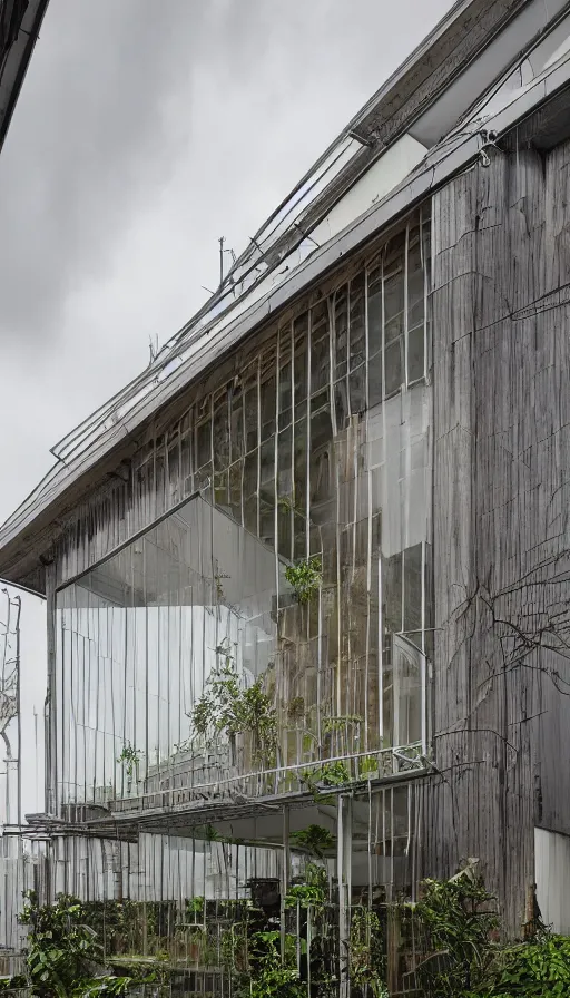 Image similar to exterior shot of a contemporary minimalistic 2 floors greenhouse architecture in a city block, with a transparent facade made in wood textile, front view, creepy , overcast, highly detailed, iwan baan