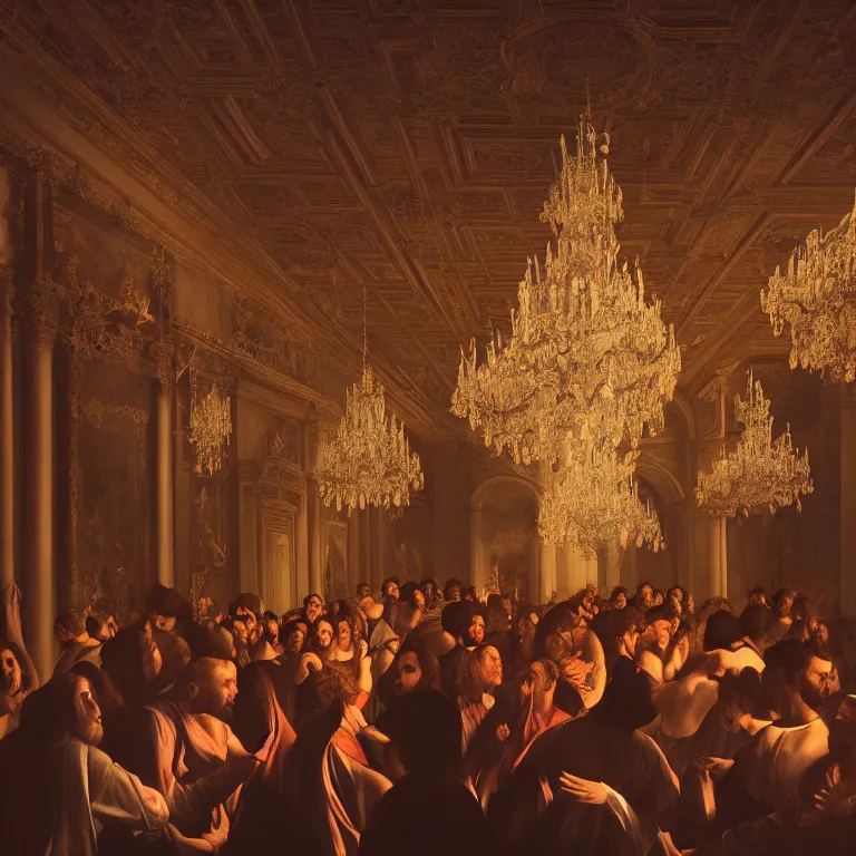 Image similar to Party in old Madrid, dreamlike atmosphere, symmetrical baroque painting, perfect composition, beautiful and detailed intricate high detailed octane that is trending on Artstation, 8K fine art photography, photorealistic, soft natural volumetric cinematic perfect light, chiaroscuro, award- winning photography, masterpiece, Raphael, Caravaggio, Greg Rutkowski, Beeple