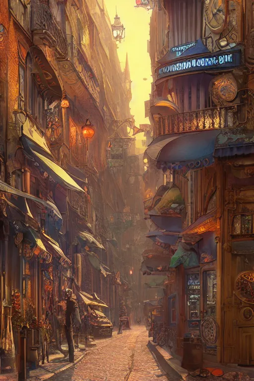 Prompt: colorful street vue of steampunk paris, intricate details, realistic shaded , steampunk, highly detailed, artstation, painting by François Schuiten and moebius, octane render, dynamic light, volumetric light, neon lights, cinematic mood