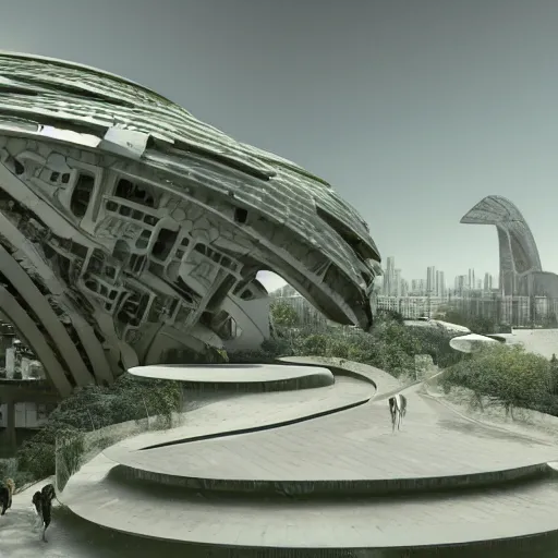 Image similar to scifi architecture, city, sustainable, ecology, green, parametric, brutal, concrete, people, realistic, octane render.