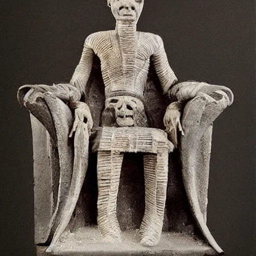 Image similar to a mummy holding a scepte, sit on an ice throne ultrarealistic