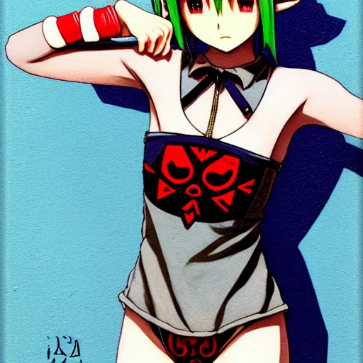 Prompt: beautiful boyish jun amaki gravure model in majora's mask, wearing wooden mask and baseball cap and leotard, street wear with subtle mayan patterns, aztec bathing suit, gapmoe yandere grimdark, trending on pixiv fanbox, painted by greg rutkowski makoto shinkai takashi takeuchi studio ghibli, akihiko yoshida